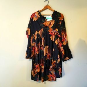 𝅺NWT Umgee Floral Ling Sleeve Navy Midi Dress Size Small